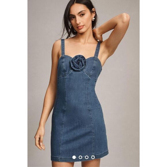 NWT Anthropologie Porridge Rosette Denim Medium Blue Slim Mini Dress Size XL - Picture 1 of 16